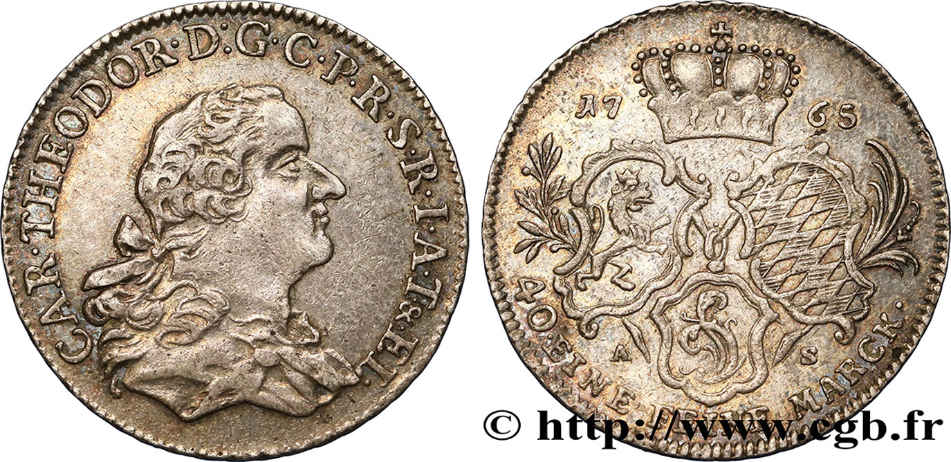 ALLEMAGNE - PALATINAT 1/4  Konventionthaler Charles Théodore IV 1765  TTB+ 