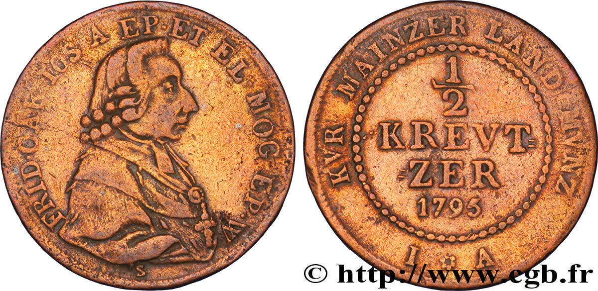 ALLEMAGNE - MAYENCE 1/2 Kreuzer Friedrich Karl Joseph von Erthal 1795  TB+ 
