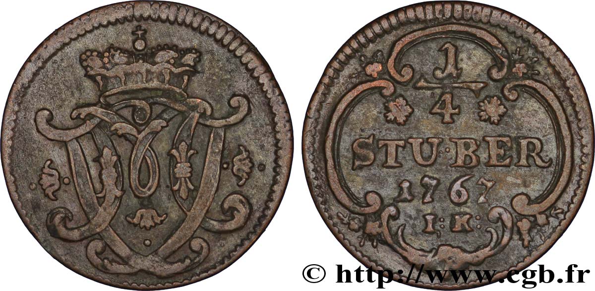 ALLEMAGNE - COLOGNE 1/4 Stuber armes de Maximilien-Frédéric de Königsegg-Rotenfels prince-évèque 1767  TTB+ 