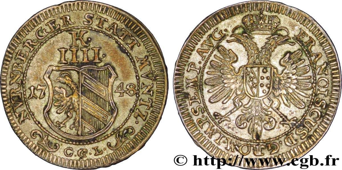 ALLEMAGNE - NUREMBERG IIII (4) Kreuzer écu de Nuremberg / aigle impérial 1748  SUP 