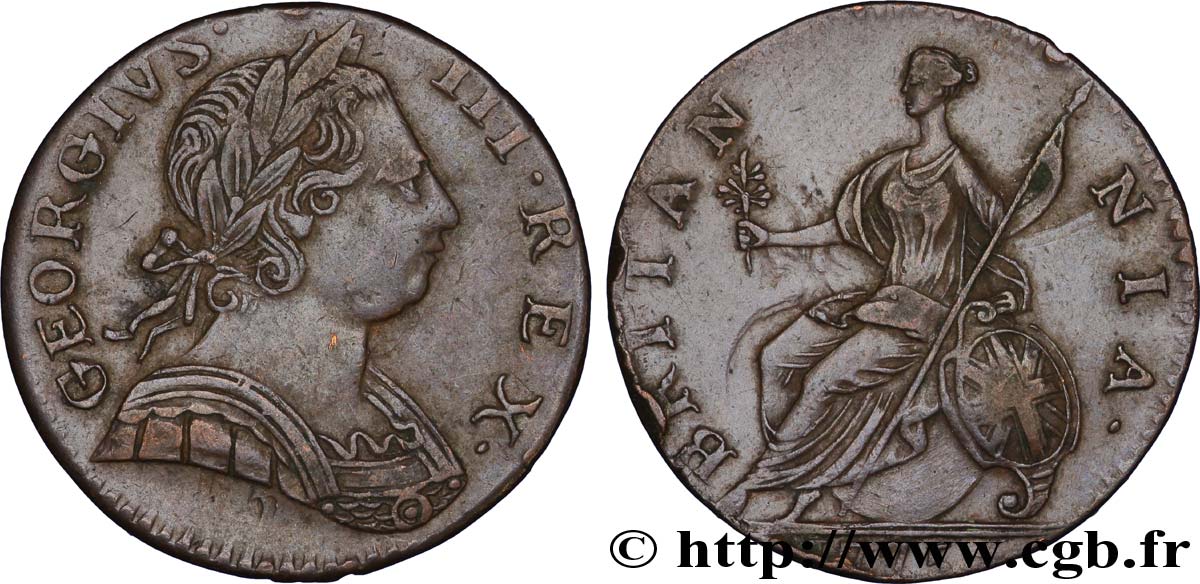 ROYAUME-UNI 1/2 Penny Georges III tête laurée / Britannia 1775  TTB 