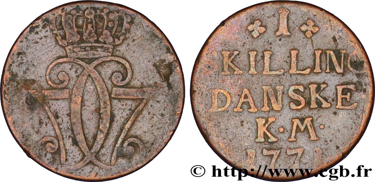 DANEMARK 1 Skilling monogramme couronné de Christian VII 1771 Copenhague TB 