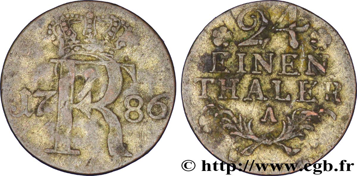 ALLEMAGNE - PRUSSE 1/24 Thaler Royaume de Prusse monogramme de Frédéric II 1786 Berlin TB+ 