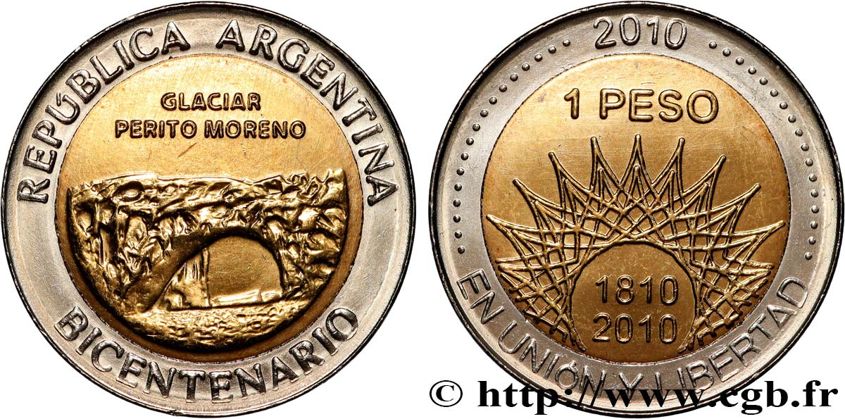 ARGENTINIEN 1 Peso bicentenaire de la Révolution de Mai : le glacier Perito Moreno 2010  fST 