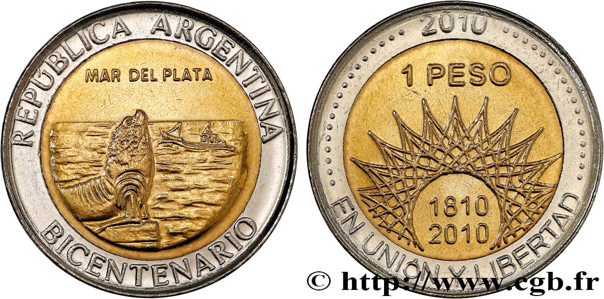 ARGENTINA 1 Peso bicentenaire de la Révolution de Mai : Mar del Plata / symbole du Bicentenaire 2010  MS 