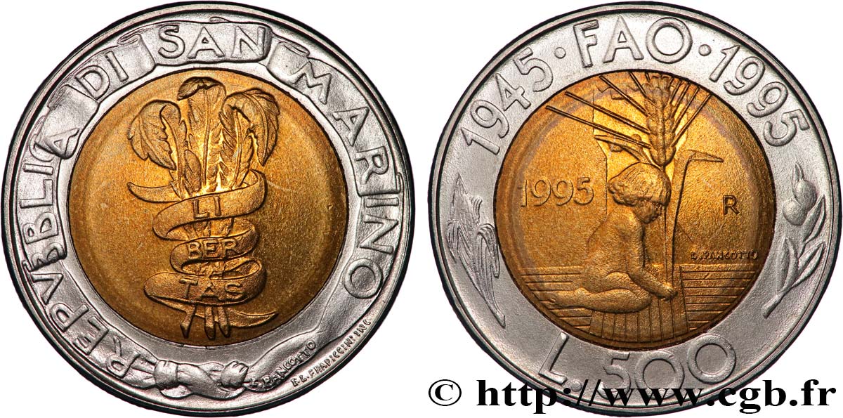 SAINT-MARIN 500 Lire FAO : bannière Libertas / enfant au pied d’un épi de blé 1995 Rome - R SPL 