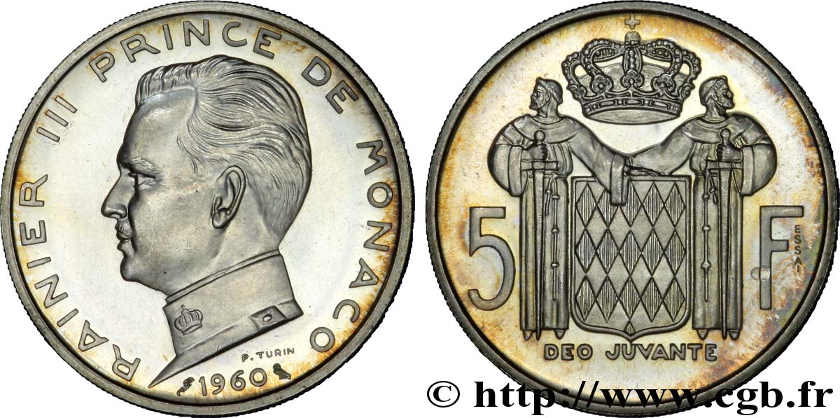 MONACO Essai de 5 Francs prince Rainier III de Monaco 1960 Paris SUP 