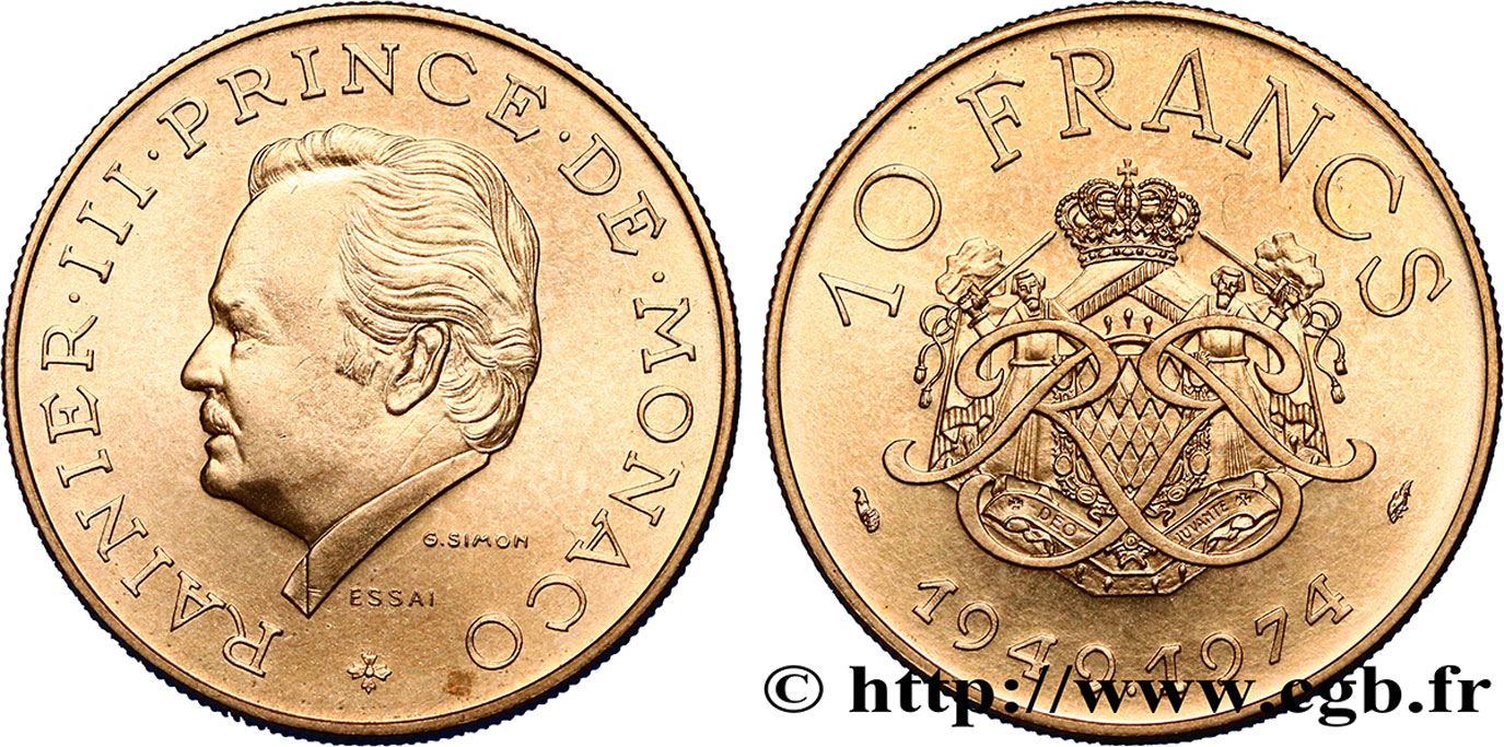 MONACO Essai de 10 Francs Rainier III 25e anniversaire de règne 1974 Paris SPL 