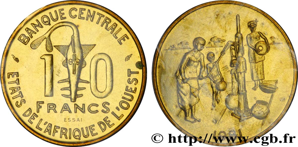ÉTATS DE L AFRIQUE DE L OUEST (BCEAO) Essai de 10 Francs masque / femme et enfants au puits 1981 Paris FDC 
