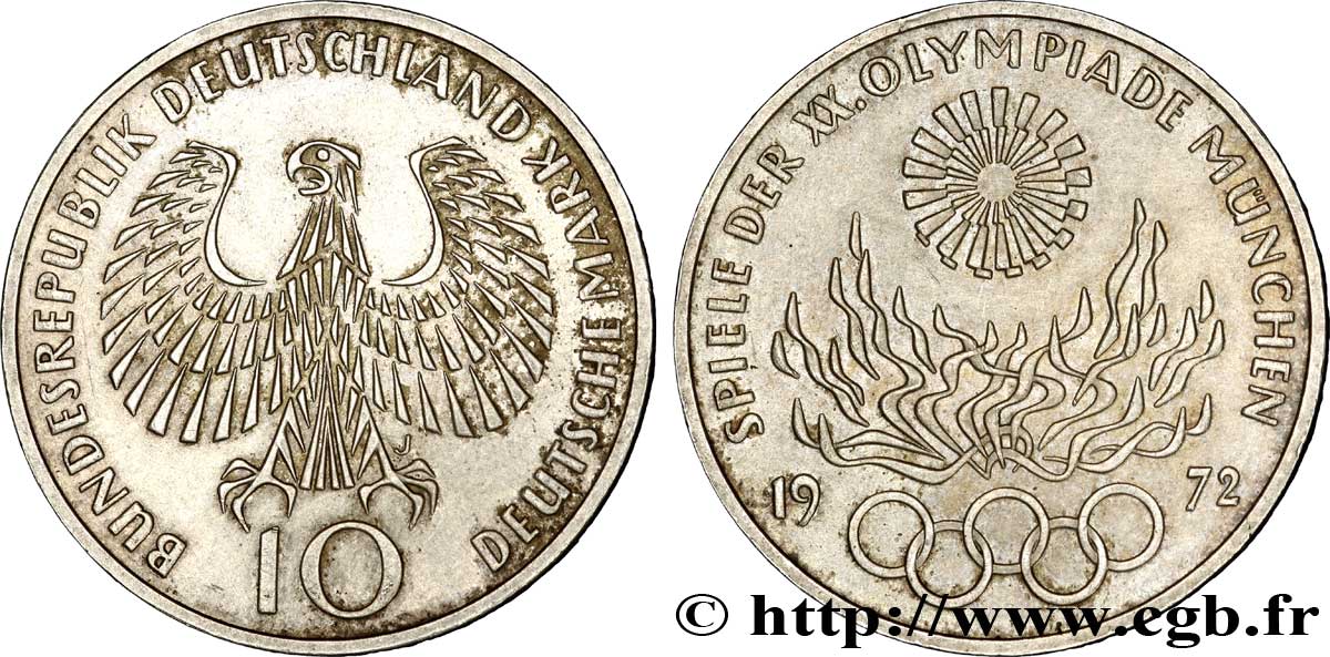 ALLEMAGNE 10 Mark XXe J.O. Munich : aigle / flamme olympique 1972 Hambourg - J SUP 