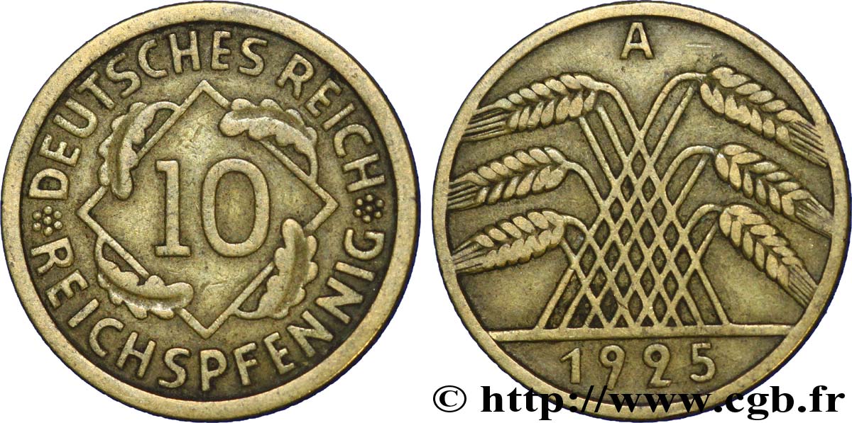 ALEMANIA 10 Reichspfennig gerbe de blé 1925 Berlin BC+ 
