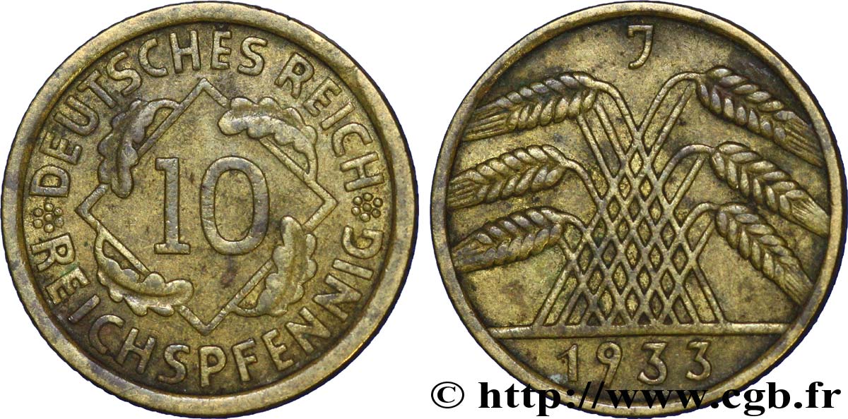 GERMANY 10 Reichspfennig gerbe de blé 1933 Hambourg - J XF 