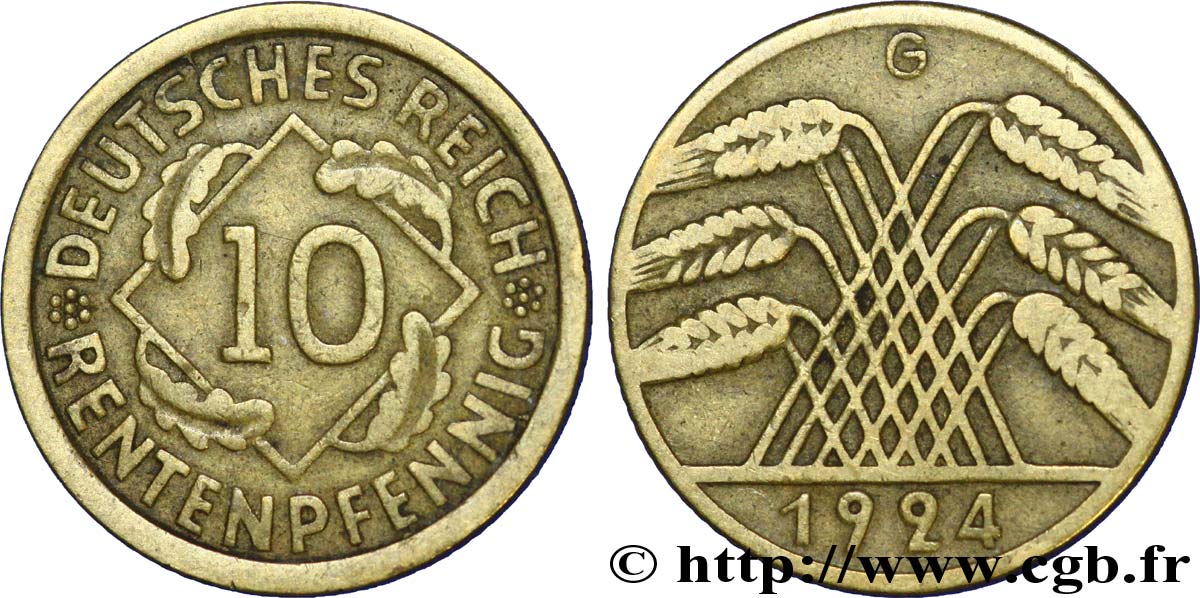 GERMANY 10 Rentenpfennig gerbe de blé 1924 Karlsruhe - G VF 