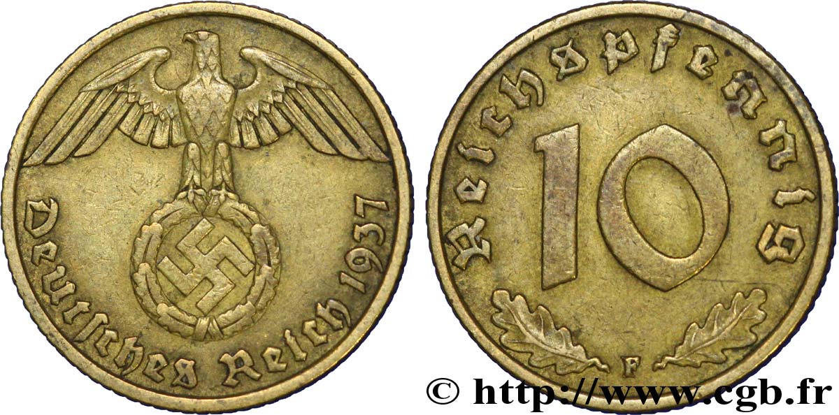 ALLEMAGNE 10 Reichspfennig aigle surmontant une swastika 1937 Stuttgart - F TTB+ 