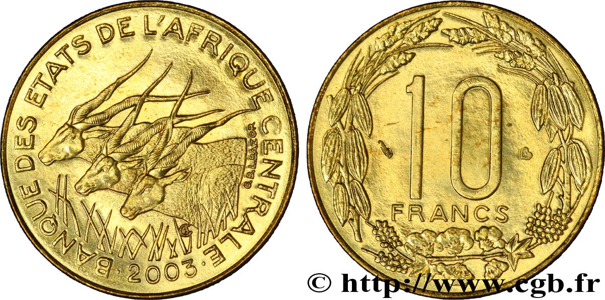 ZENTRALAFRIKANISCHE LÄNDER 10 Francs antilopes 2003 Paris fST 