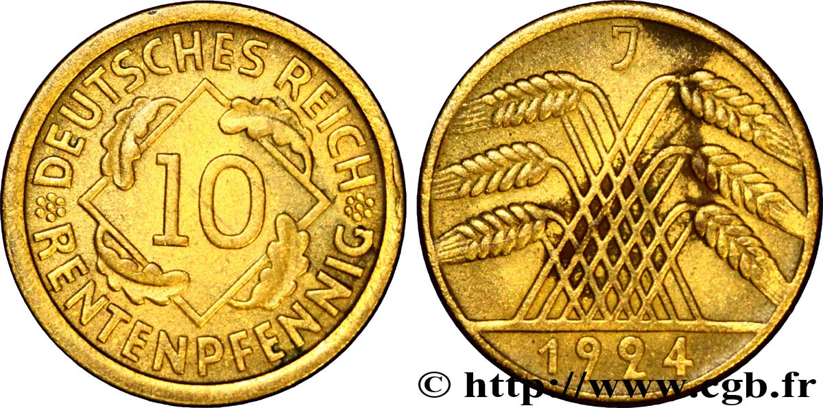 ALLEMAGNE 10 Rentenpfennig gerbe de blé 1924 Hambourg - J TTB+ 