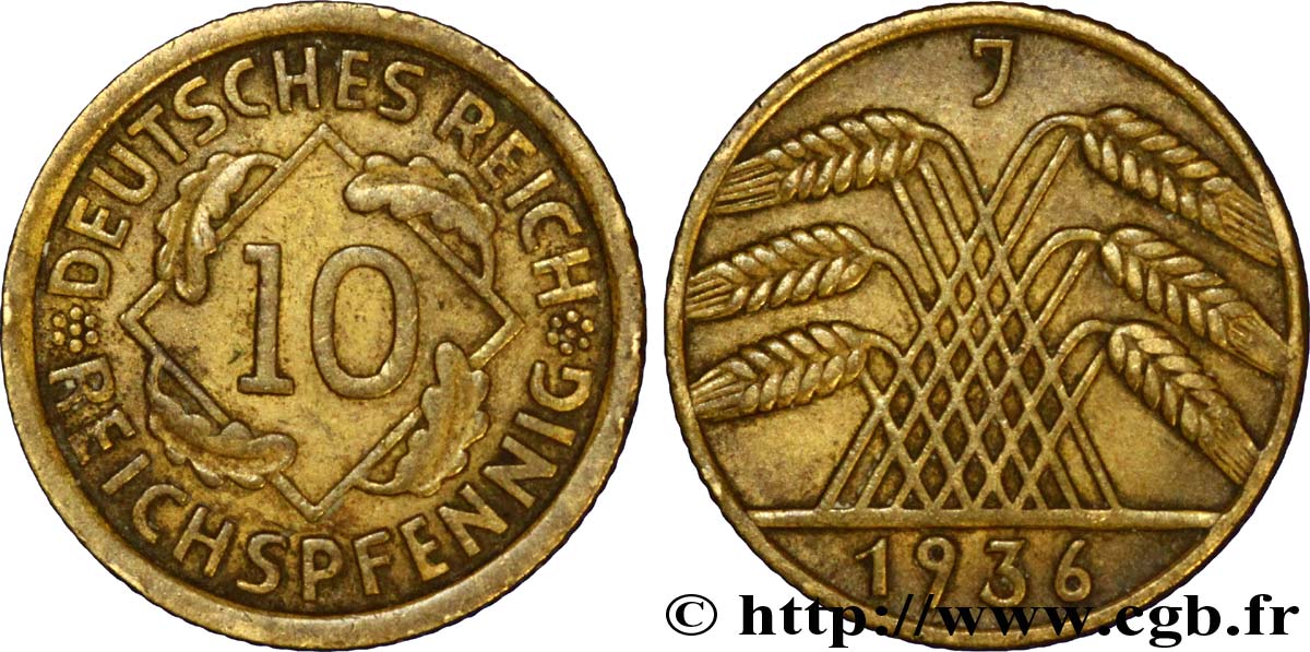 ALLEMAGNE 10 Reichspfennig gerbe de blé 1936 Hambourg - J TTB 