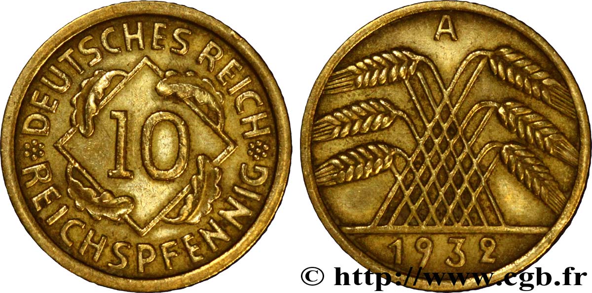 GERMANY 10 Reichspfennig gerbe de blé 1932 Berlin XF 