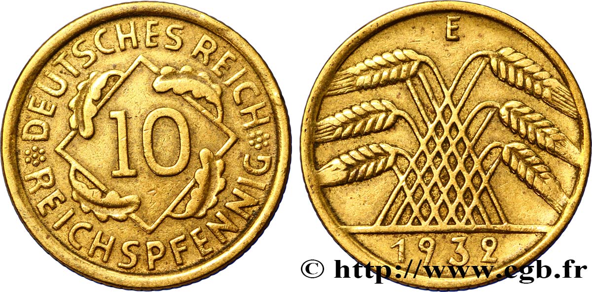 ALEMANIA 10 Reichspfennig gerbe de blé 1932 Muldenhütten - E MBC 