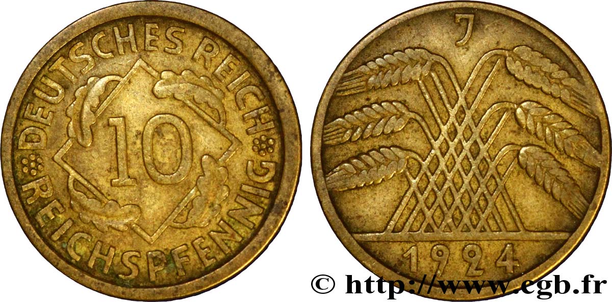 ALLEMAGNE 10 Reichspfennig gerbe de blé 1924 Hambourg - J TB+ 