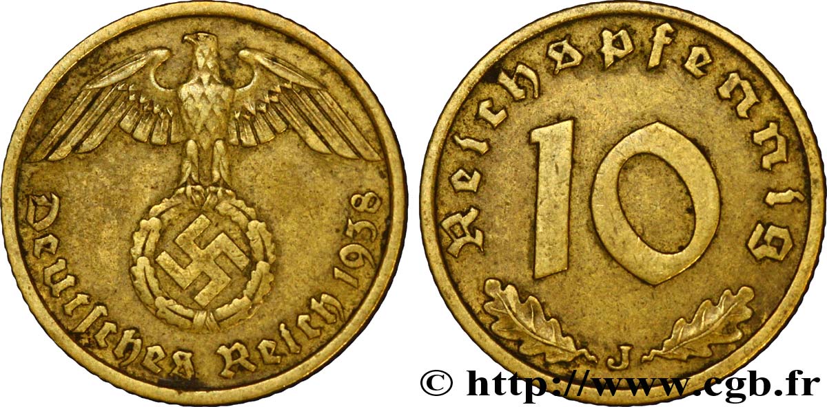 ALLEMAGNE 10 Reichspfennig aigle surmontant une swastika 1938 Hambourg - J TTB+ 