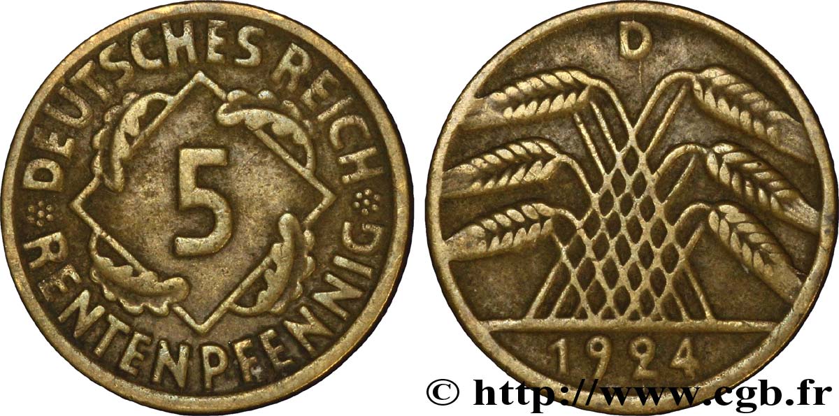 DEUTSCHLAND 5 Rentenpfennig gerbe de blé 1924 Munich - D fSS 