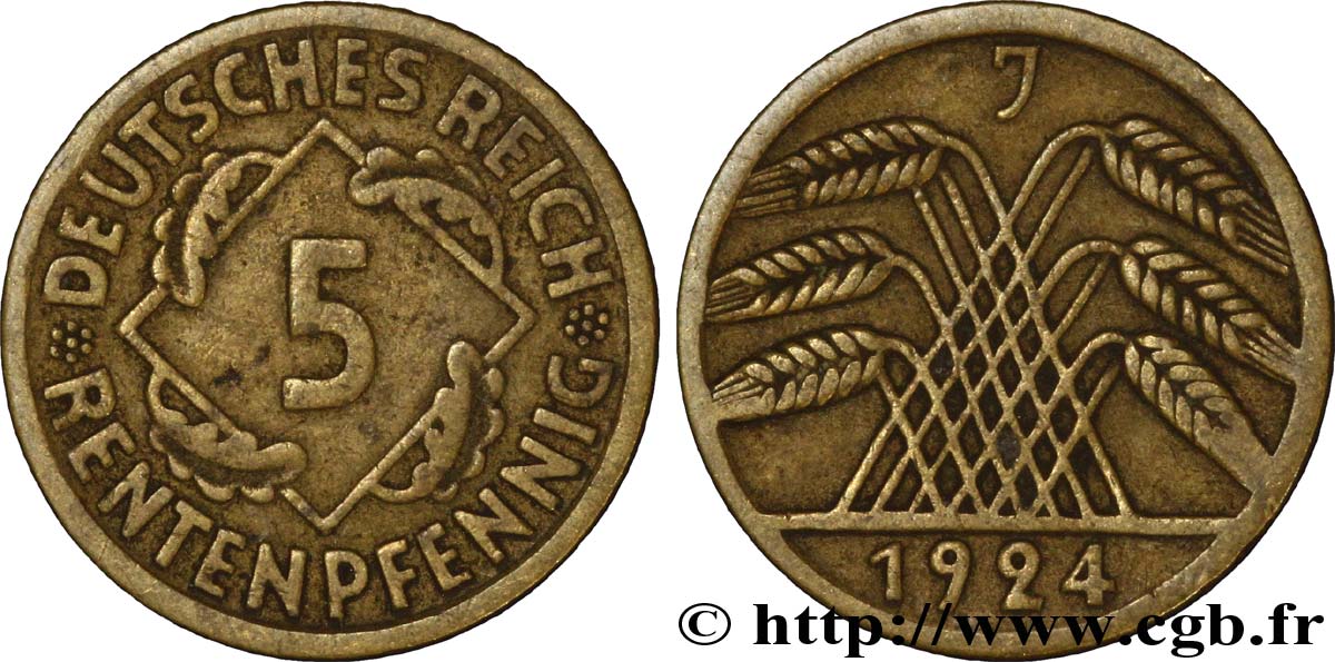 GERMANY 5 Rentenpfennig gerbe de blé 1924 Hambourg - J VF 