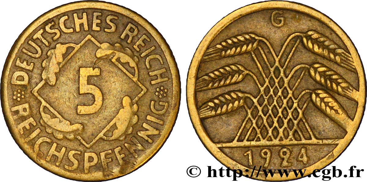 GERMANY 5 Reichspfennig gerbe de blé 1924 Karlsruhe - G VF 