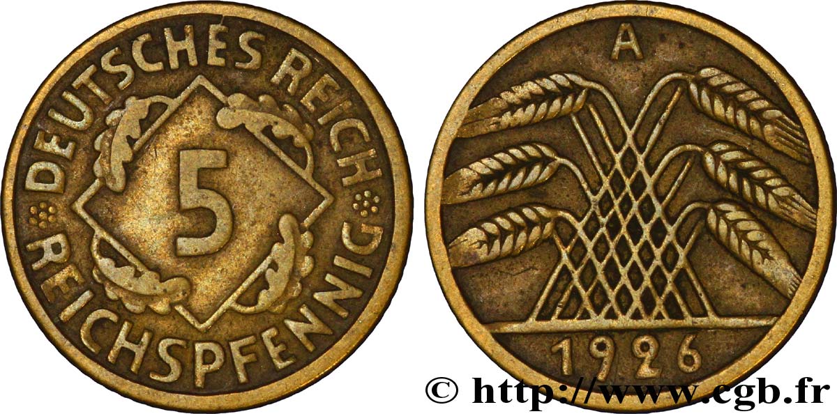 ALLEMAGNE 5 Reichspfennig gerbe de blé 1926 Berlin TB+ 