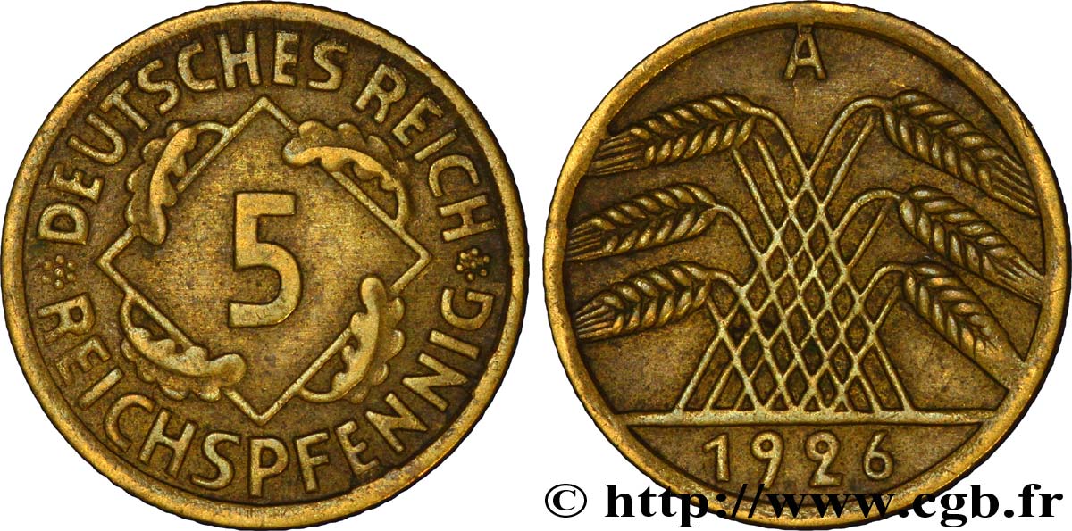 ALLEMAGNE 5 Reichspfennig gerbe de blé 1926 Berlin TTB 