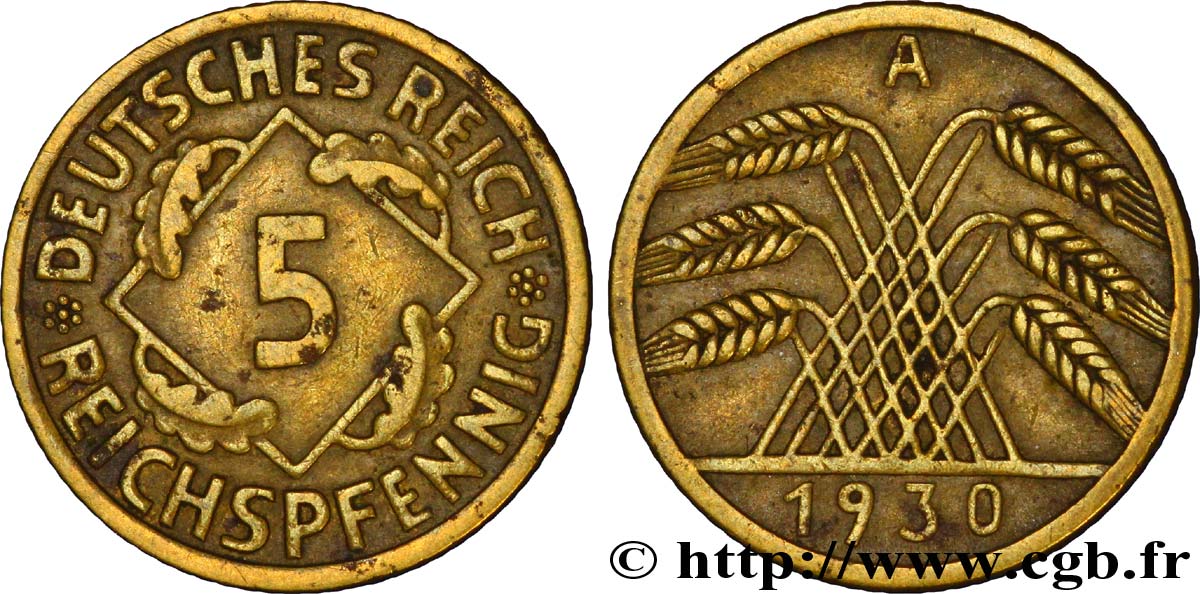 GERMANY 5 Reichspfennig gerbe de blé 1930 Berlin XF 