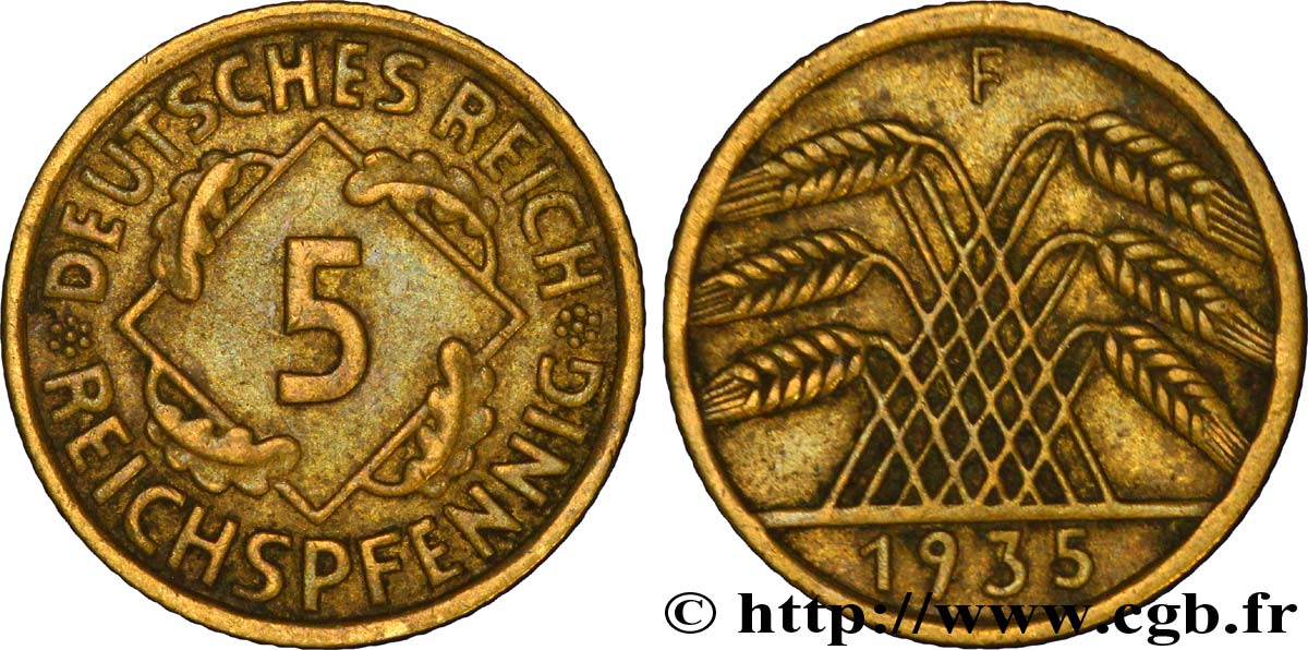 GERMANY 5 Reichspfennig gerbe de blé 1935 Stuttgart - F XF 