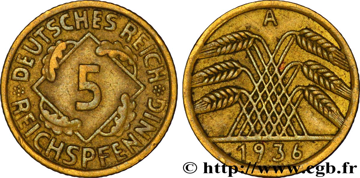 GERMANY 5 Reichspfennig gerbe de blé 1936 Berlin XF 