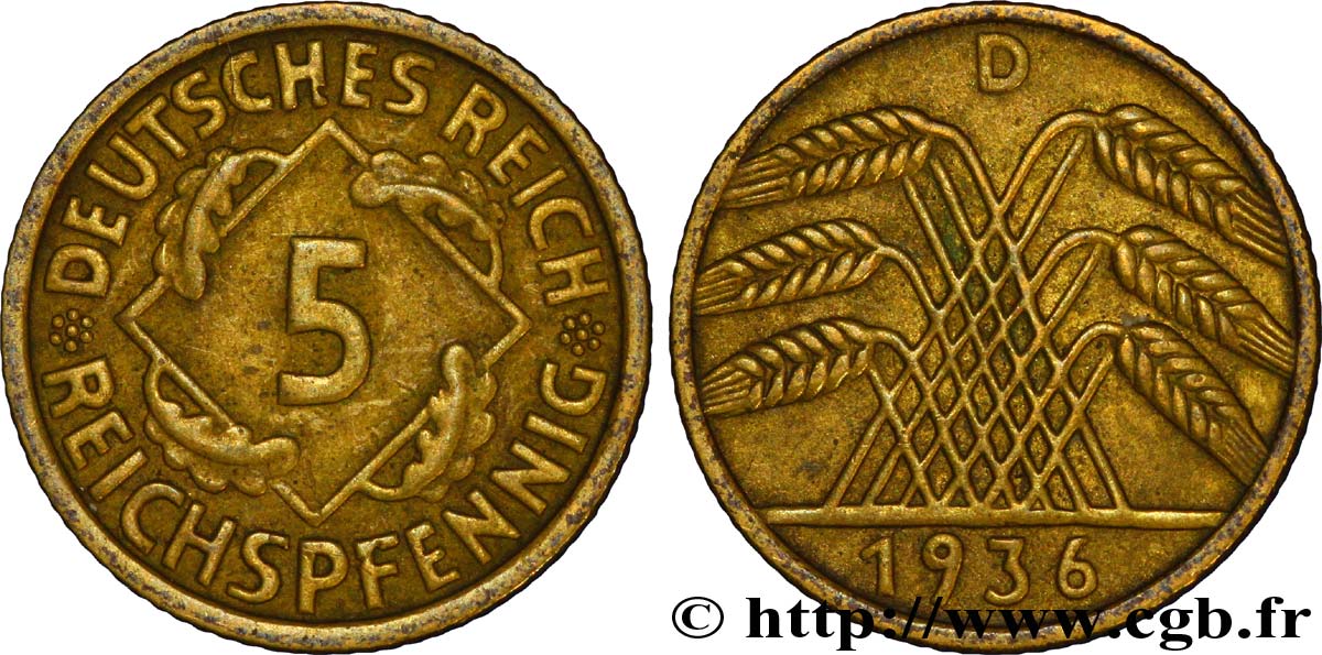GERMANY 5 Reichspfennig gerbe de blé 1936 Munich - D XF 