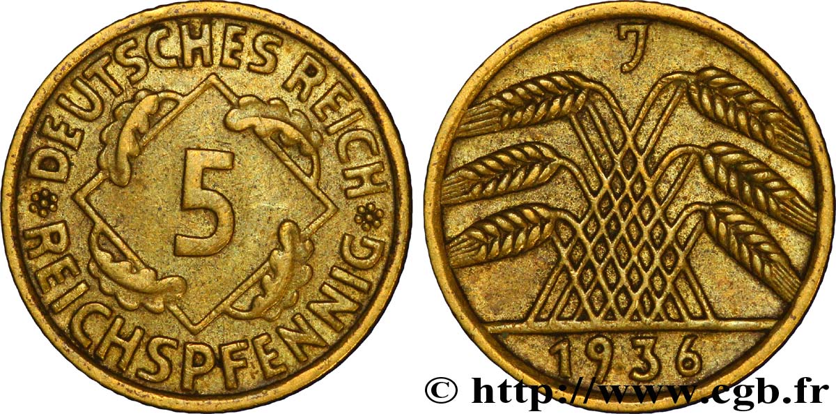 ALLEMAGNE 5 Reichspfennig gerbe de blé 1936 Hambourg - J TTB 