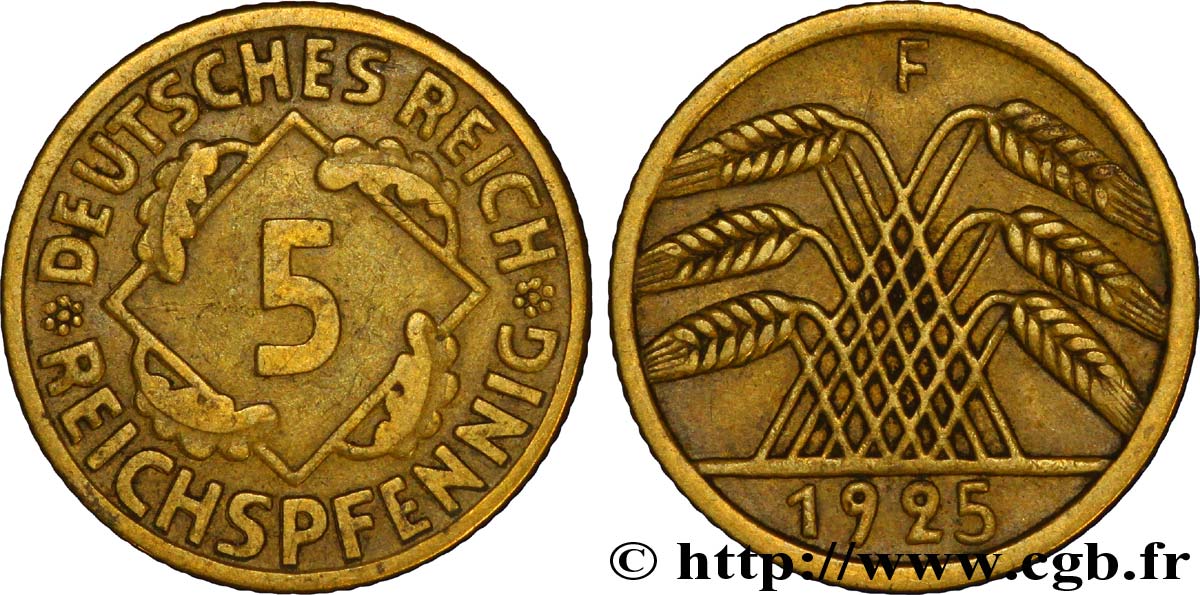 ALLEMAGNE 5 Reichspfennig gerbe de blé 1925 Stuttgart - F TTB 
