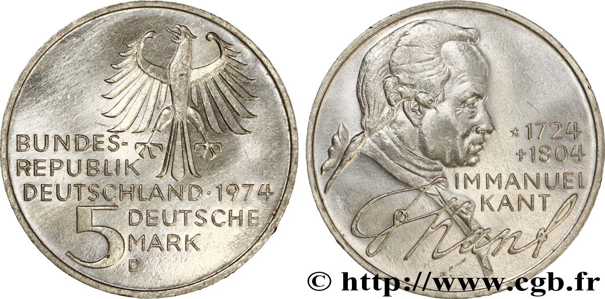 ALLEMAGNE 5 Mark aigle héraldique / Emmanuel Kant 1724-1804 1974 Munich - D SUP 