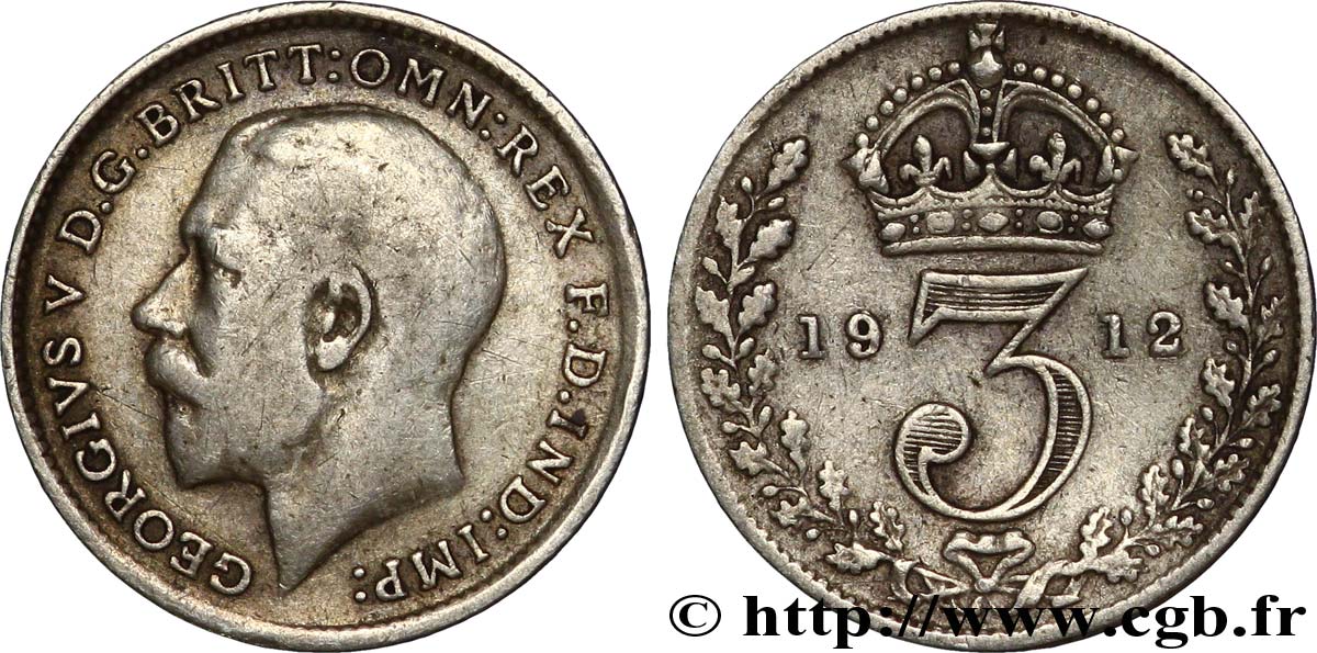 ROYAUME-UNI 3 Pence Georges V / couronne 1912  TTB 