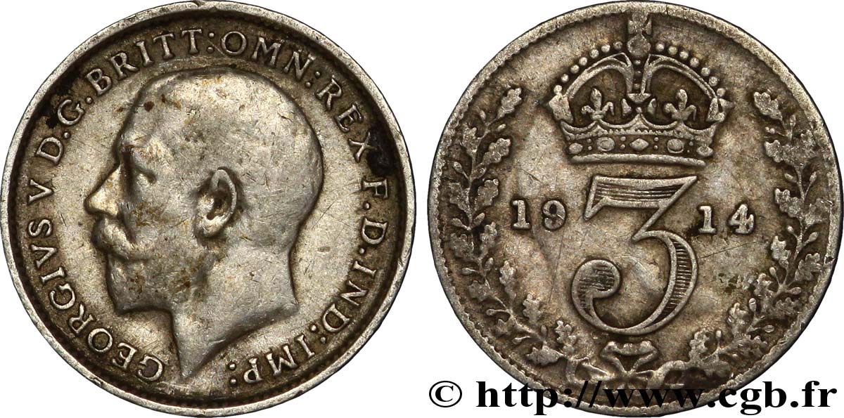 ROYAUME-UNI 3 Pence Georges V / couronne 1914  TTB 