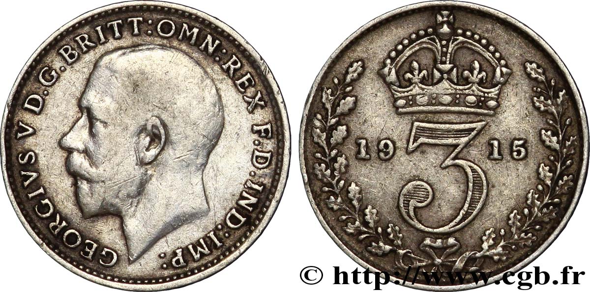 ROYAUME-UNI 3 Pence Georges V / couronne 1915  TTB 