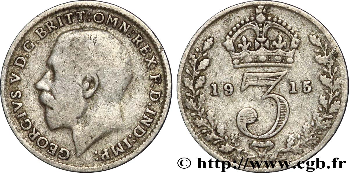 ROYAUME-UNI 3 Pence Georges V / couronne 1915  TB+ 