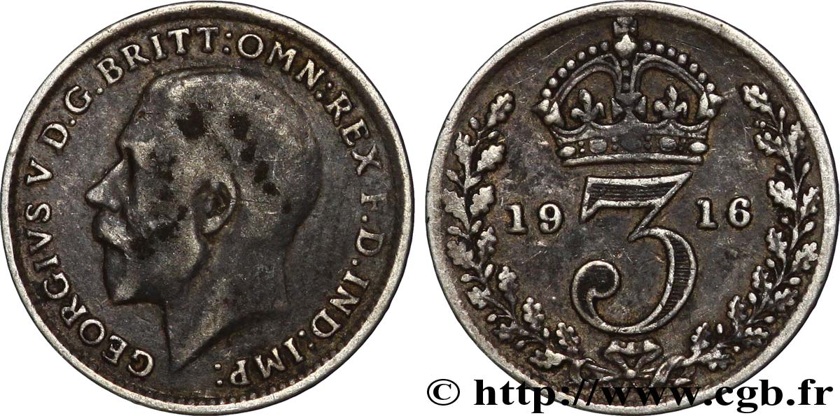 ROYAUME-UNI 3 Pence Georges V / couronne 1916  TTB 