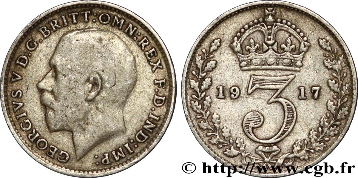 ROYAUME-UNI 3 Pence Georges V / couronne 1917  TB+ 