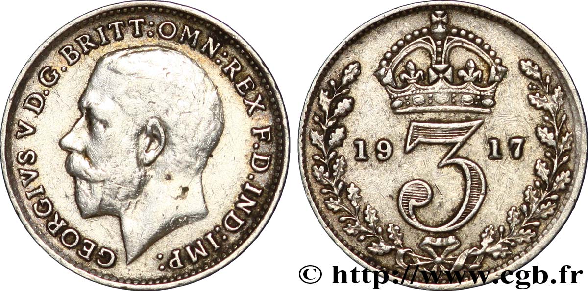 ROYAUME-UNI 3 Pence Georges V / couronne 1917  TTB 