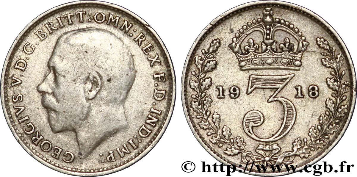 ROYAUME-UNI 3 Pence Georges V / couronne 1918  TB+ 