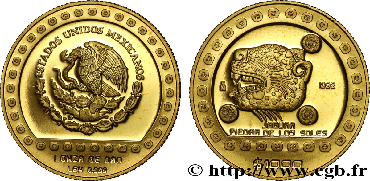 MEXIQUE 1000 Pesos or proof civilisations précolombiennes - série Aztèque : aigle / jaguar 1992 Mexico FDC 