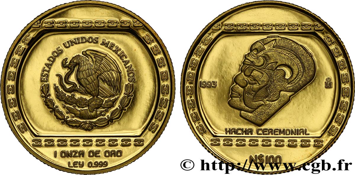 MEXIQUE 100 Nuevos Pesos or proof civilisations précolombiennes - série culture classique de Veracruz : aigle / cérémonial Hacha 1993 Mexico FDC 