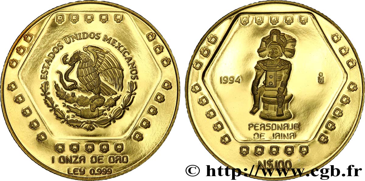 MEXIQUE 100 Nuevos Pesos or proof civilisations précolombiennes - série Maya : aigle / personnage de Jaina 1994 Mexico FDC 