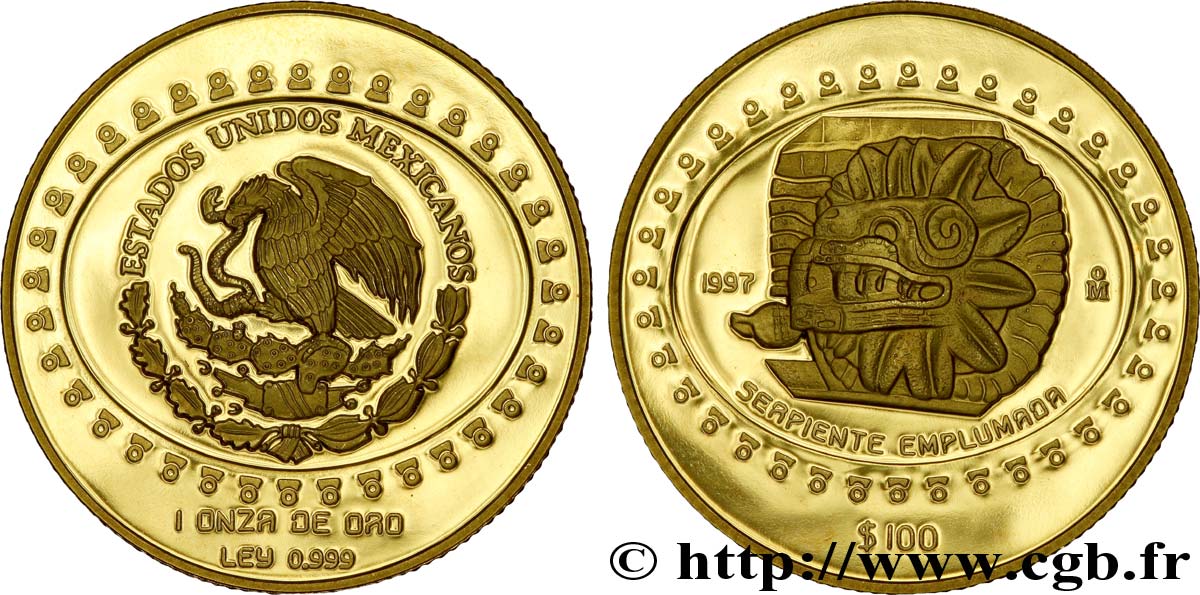 MEXIQUE 100 Pesos or proof civilisations précolombiennes - série Teotihuacan : aigle / serpent à plumes 1997 Mexico FDC 