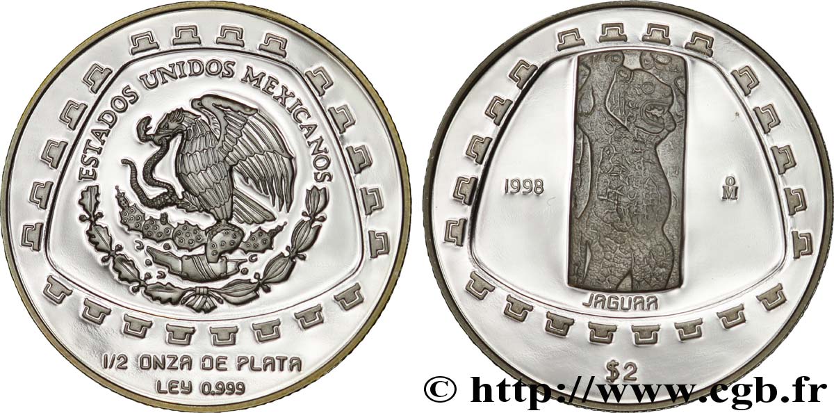 MEXIQUE 2 Pesos proof civilisations précolombiennes - série Toltèque : aigle / jaguar gravé 1998 Mexico FDC 
